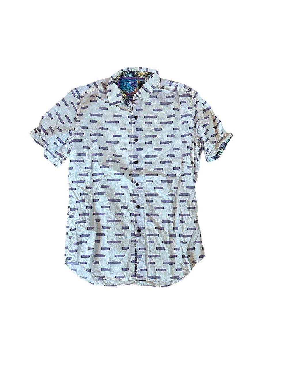 Robert Graham Classic Shirt Mens M Purple Stripe Short Reverse Sleeve Button Up